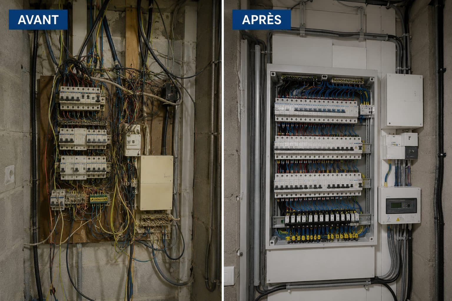 Avant / après du remplacement d'un tableau électrique : à gauche l'ancien tableau surchargé de câbles apparents, à droite le tableau neuf en coffret, repéré et raccordé proprement