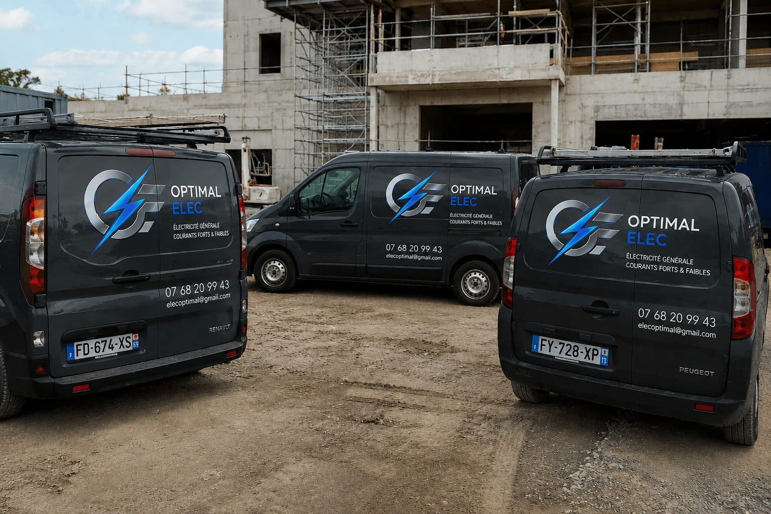Les véhicules d'intervention Optimal Elec alignés sur un chantier, floqués du logo, du numéro de téléphone et de la mention électricité générale, courants forts et faibles